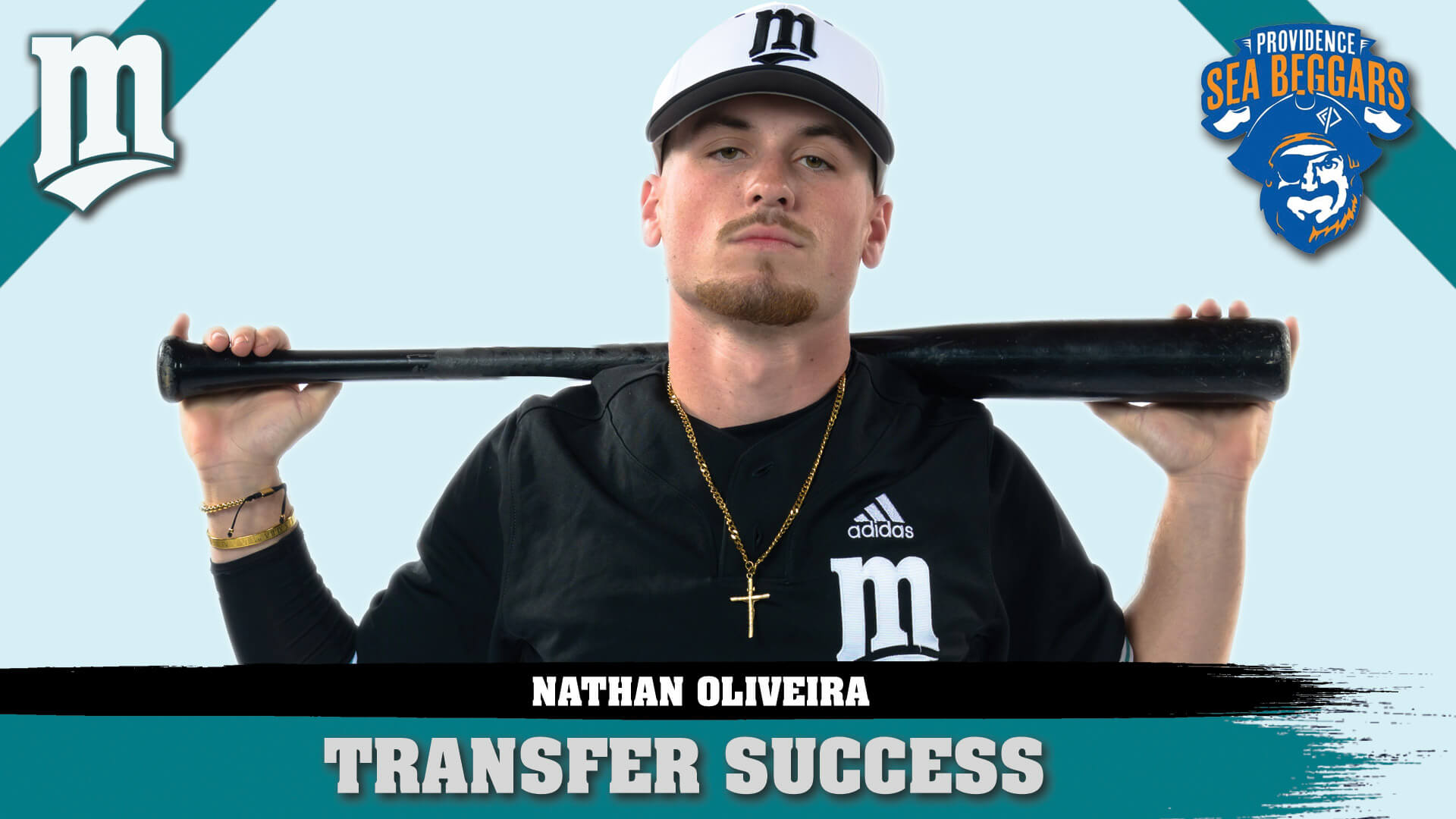 bat over both shoulders. goatee. Black shirt. white cap.